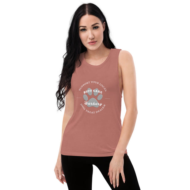Support Your Local Dog Treats Dealer Ladies’ Muscle Tank Buff Cake Barkery Mauve S 