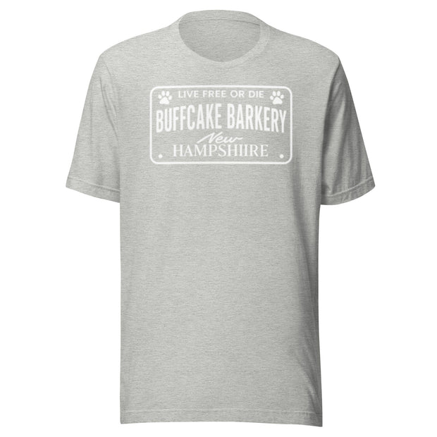 Live Free or Die " License Plate" BCB Crew Wear Unisex t-shirt Buff Cake Barkery Athletic Heather S 