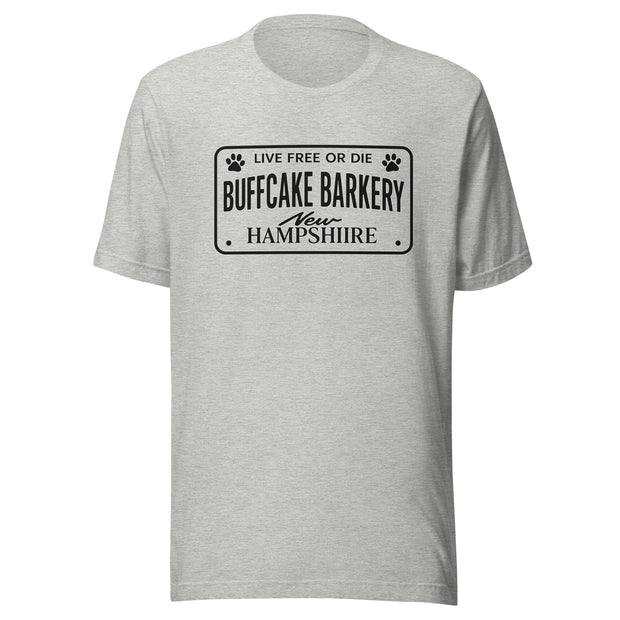Live Free or Die " License Plate" BCB Crew Wear Unisex t-shirt Buff Cake Barkery Athletic Heather S 