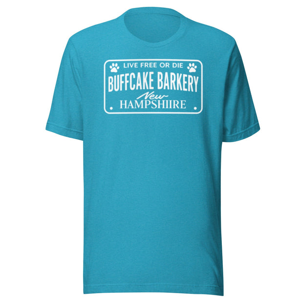 Live Free or Die " License Plate" BCB Crew Wear Unisex t-shirt Buff Cake Barkery Heather Aqua S 