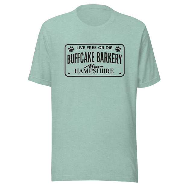 Live Free or Die " License Plate" BCB Crew Wear Unisex t-shirt Buff Cake Barkery Heather Prism Dusty Blue S 