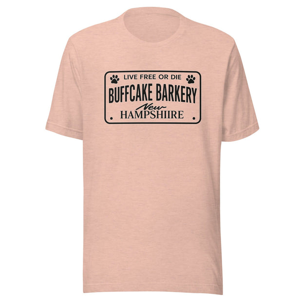 Live Free or Die " License Plate" BCB Crew Wear Unisex t-shirt Buff Cake Barkery Heather Prism Peach S 