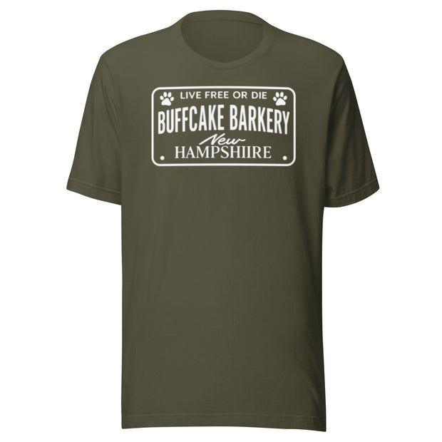 Live Free or Die " License Plate" BCB Crew Wear Unisex t-shirt Buff Cake Barkery Military Green S 