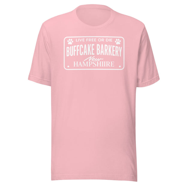 Live Free or Die " License Plate" BCB Crew Wear Unisex t-shirt Buff Cake Barkery Pink S 