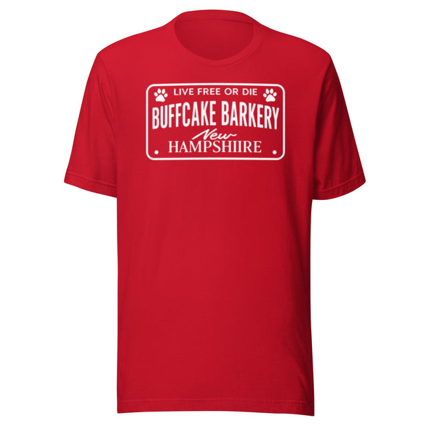 Live Free or Die " License Plate" BCB Crew Wear Unisex t-shirt Buff Cake Barkery Red S 