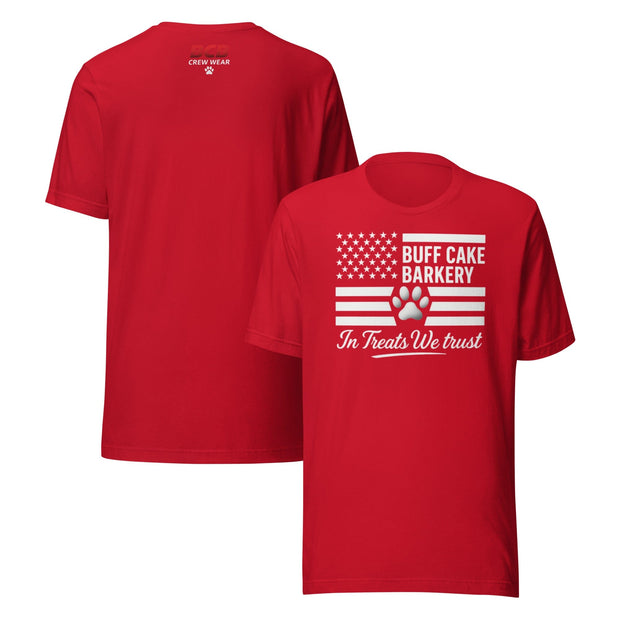 In Treats We Trust Tee - BCB Crew Wear Buff Cake Barkery Red S 