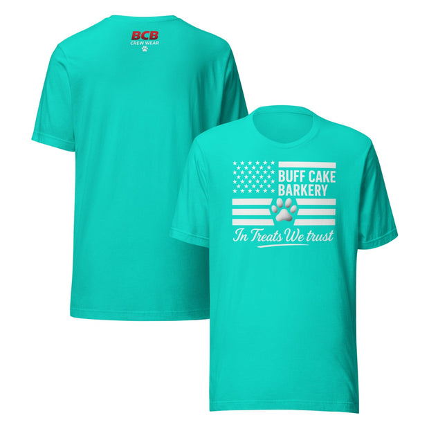In Treats We Trust Tee - BCB Crew Wear Buff Cake Barkery Teal S 