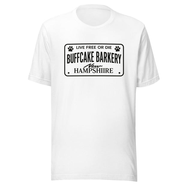 Live Free or Die " License Plate" BCB Crew Wear Unisex t-shirt Buff Cake Barkery White S 