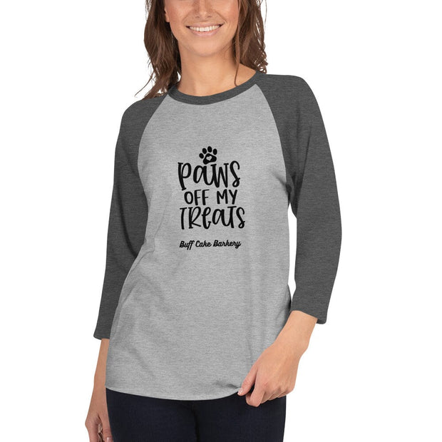 Woman’s Paws Off My Treats 3/4 sleeve raglan shirt Buff Cake Barkery Heather Grey/Heather Charcoal XS 