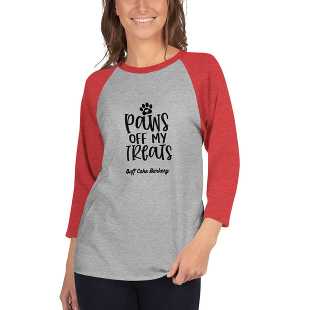 Woman’s Paws Off My Treats 3/4 sleeve raglan shirt Buff Cake Barkery Heather Grey/Heather Red XS 