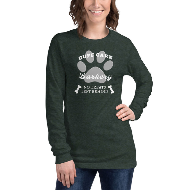 Long Sleeve Tee No Treats Left Behind Buff Cake Barkery Heather Forest XS 