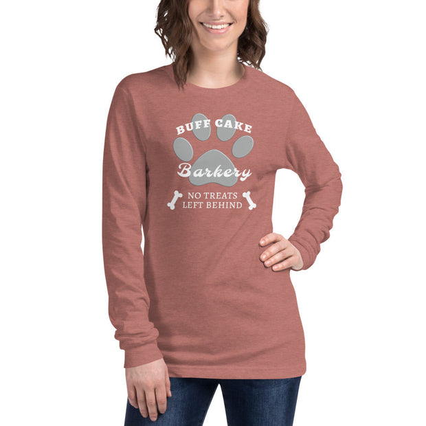 Unisex Long Sleeve Tee No Treats Left Behind Buff Cake Barkery Heather Mauve XS 