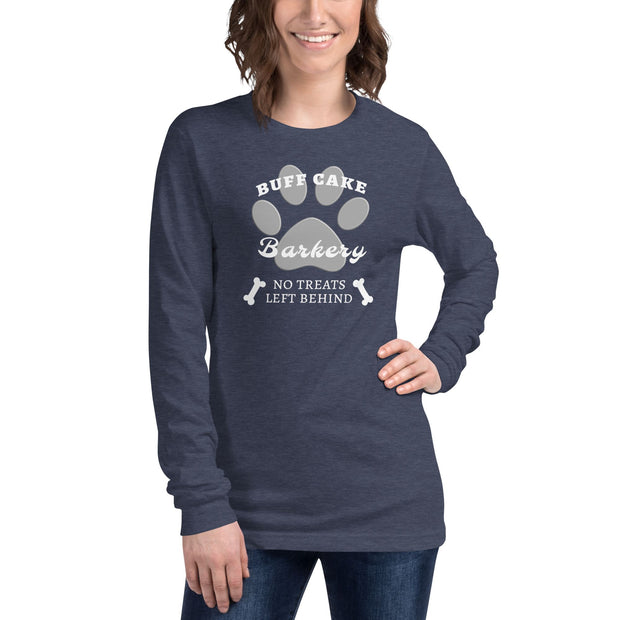 Long Sleeve Tee No Treats Left Behind Buff Cake Barkery Heather Navy XS 