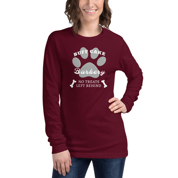Unisex Long Sleeve Tee No Treats Left Behind Buff Cake Barkery Maroon XS 