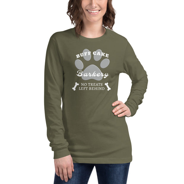 Unisex Long Sleeve Tee No Treats Left Behind Buff Cake Barkery Military Green XS 