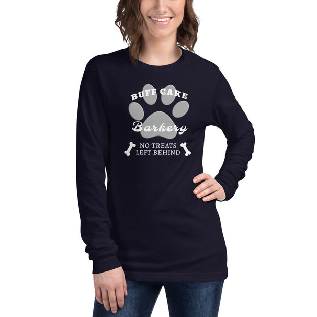 Unisex Long Sleeve Tee No Treats Left Behind Buff Cake Barkery Navy XS 