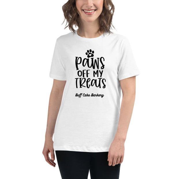 Paws Off My Treats Women's Relaxed T-Shirt Buff Cake Barkery White S 